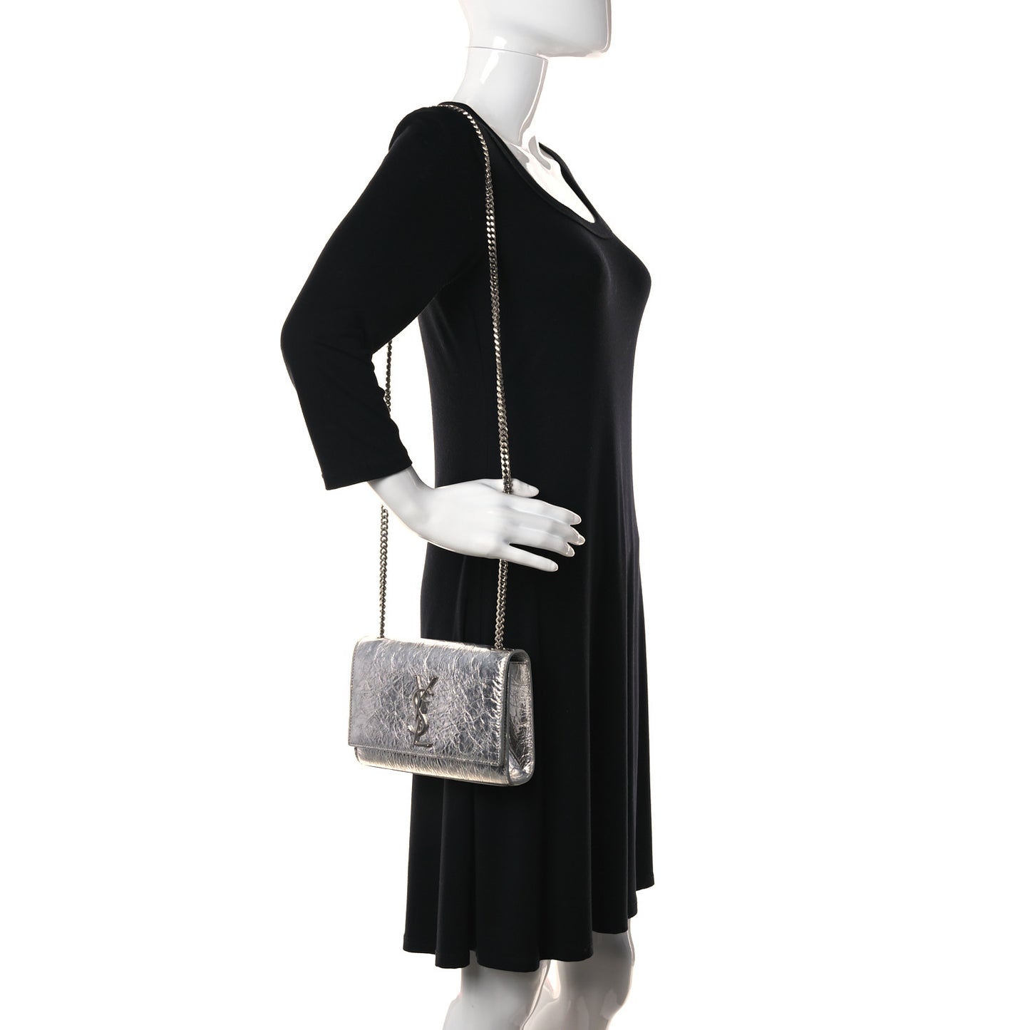 Metallic Crinkled Calfskin Small Classic Monogram Kate Satchel Silver