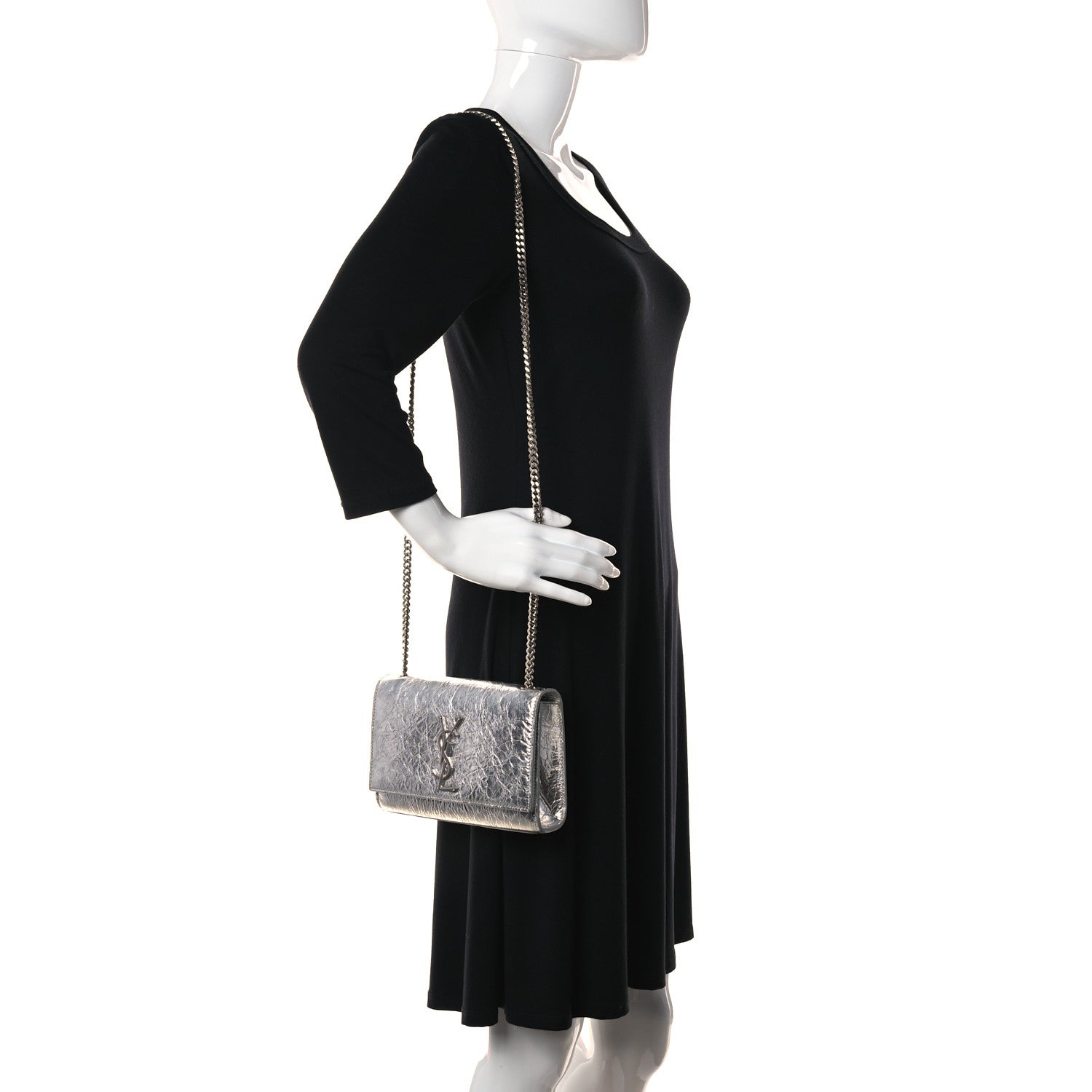 Saint Laurent Metallic Crinkled Calfskin Small Classic Monogram Kate Satchel Silver 2 of 11