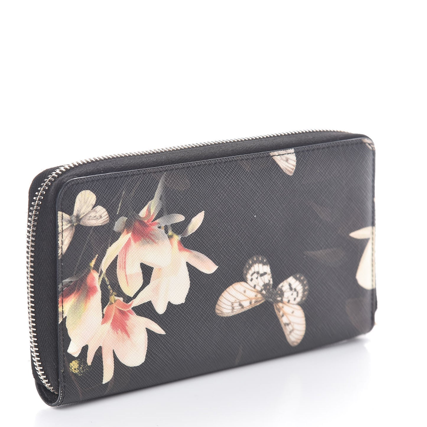 Textured Coated Canvas Magnolia and Moth Print Zip Around Wallet Black