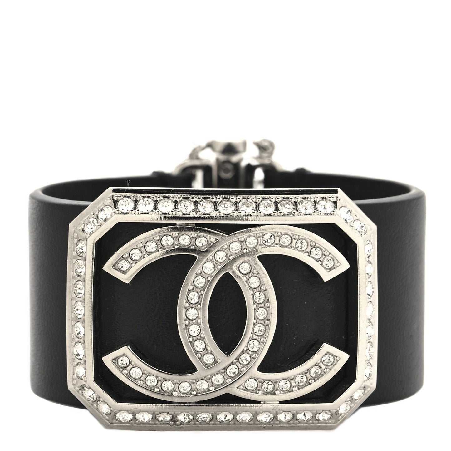 Calfskin Crystal CC Cuff Bracelet S Black