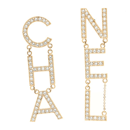 Chanel Crystal Cha-Nel Logo Drop Earrings Gold 1 of 4