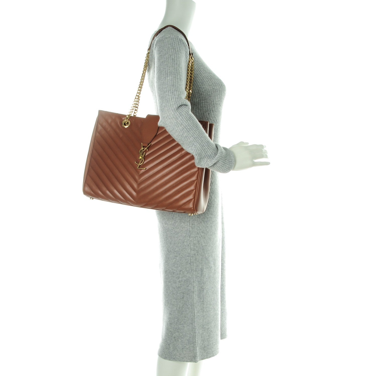 Saint Laurent Smooth Calfskin Matelasse Chevron Large Monogram Shopping Bag Brown 2 of 10