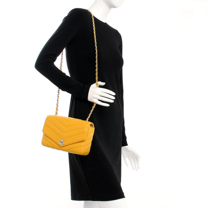 Chanel Caviar Chevron Quilted Medium Single Flap Yellow 2 of 8