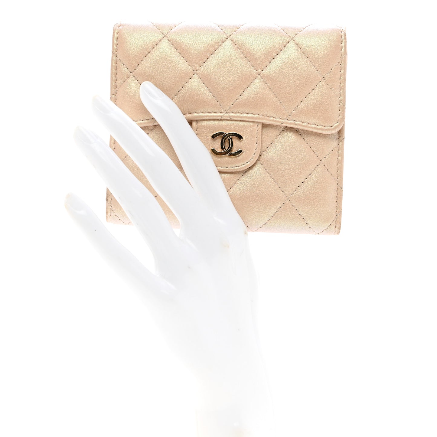 Iridescent Calfskin Quilted Compact Flap Wallet Beige