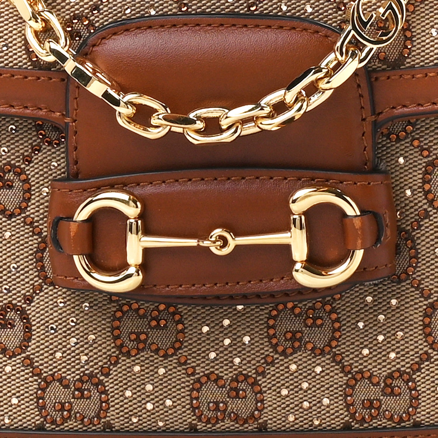 Gucci New Canvas Charisma Calfskin Crystal GG Monogram Mini Horsebit 1955 Shoulder Bag Camel Ebony 10 of 13