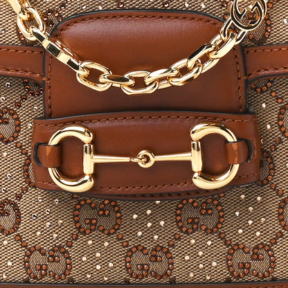 Gucci New Canvas Charisma Calfskin Crystal GG Monogram Mini Horsebit 1955 Shoulder Bag Camel Ebony 10 of 13