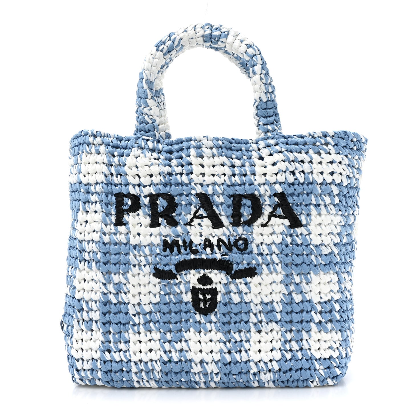 Yarn Raffia Effect Crochet Embroidered Small Logo Tote Celeste