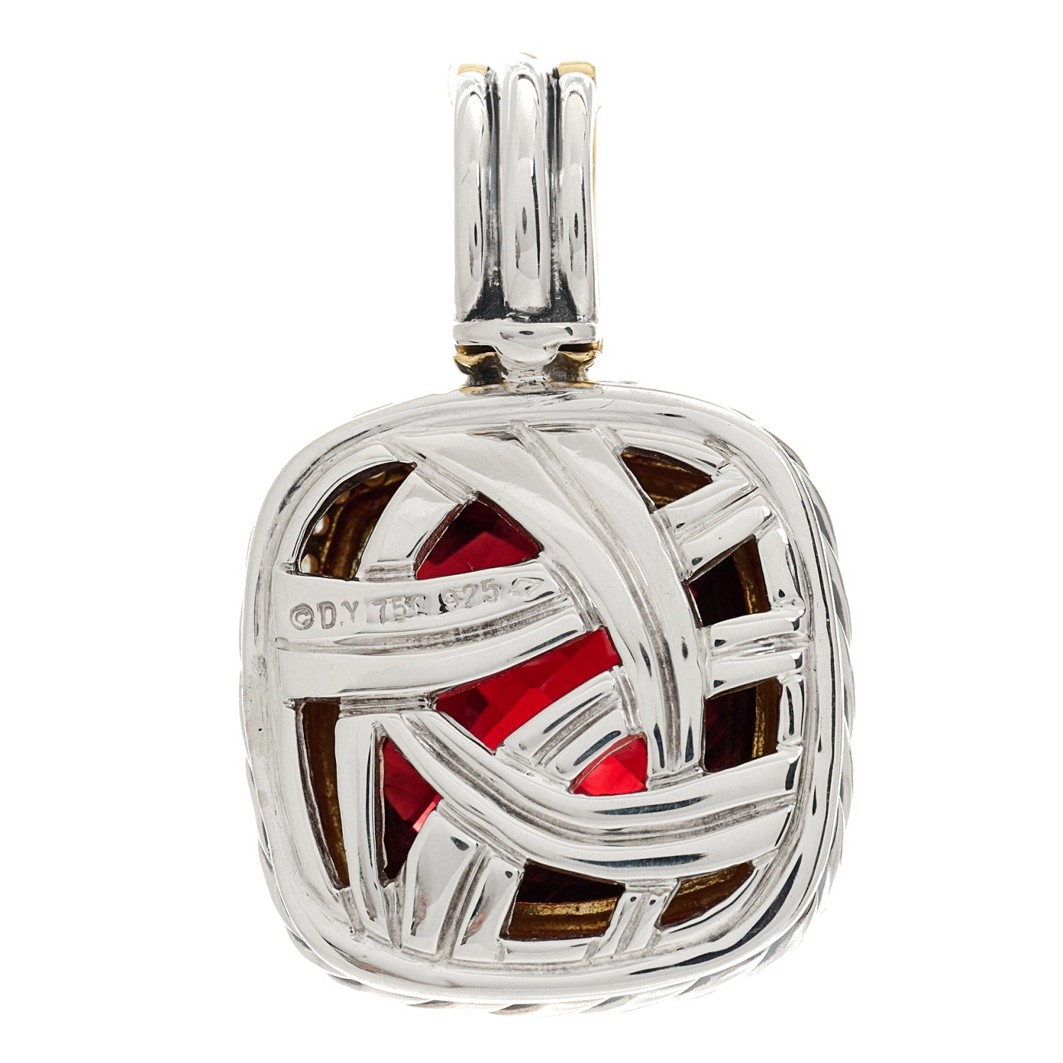 David Yurman Sterling Silver 18K Yellow Gold Diamond Garnet 14mm Albion Enhancer Pendant 3 of 4