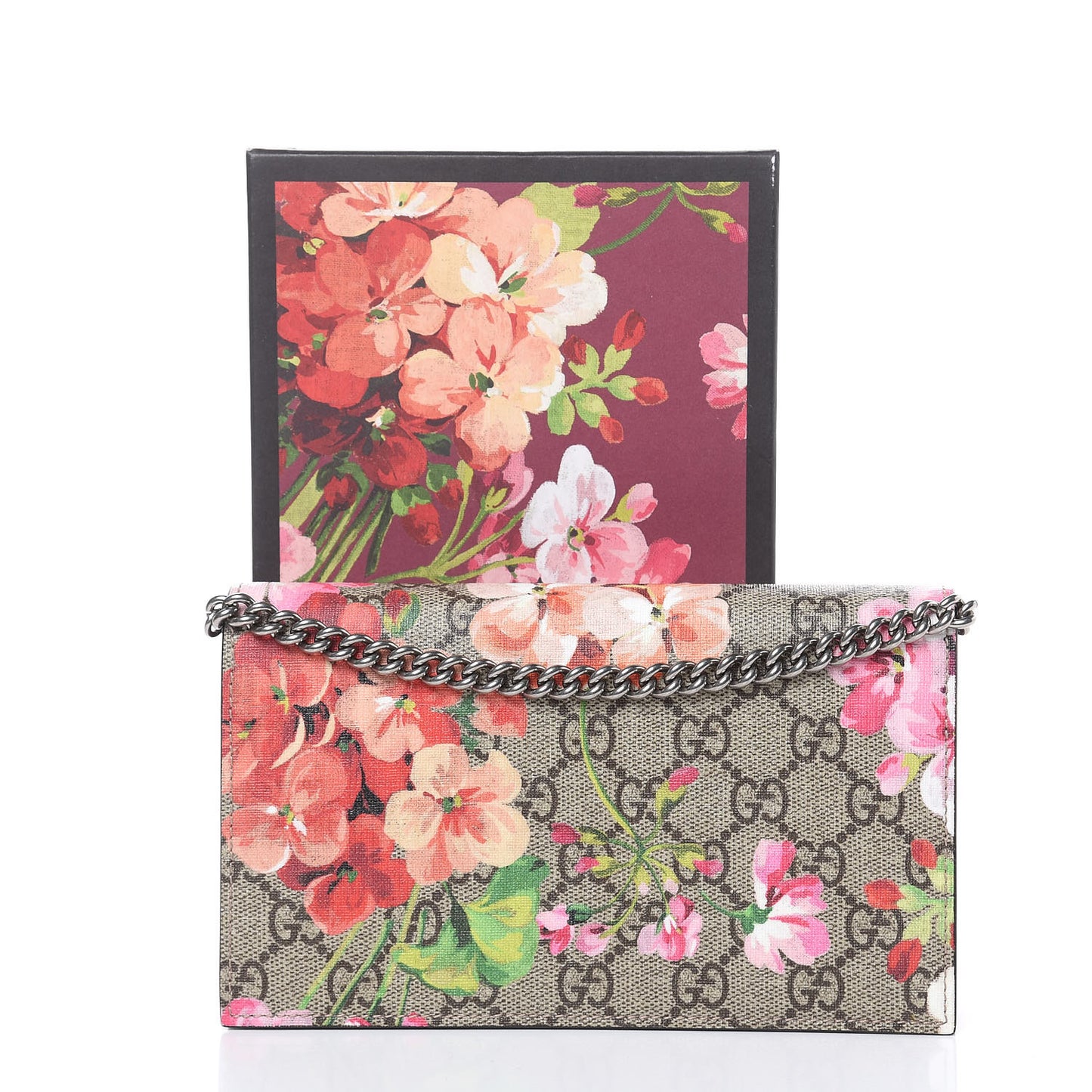 GG Supreme Monogram Blooms Chain Wallet Beige Multicolor Dry Rose