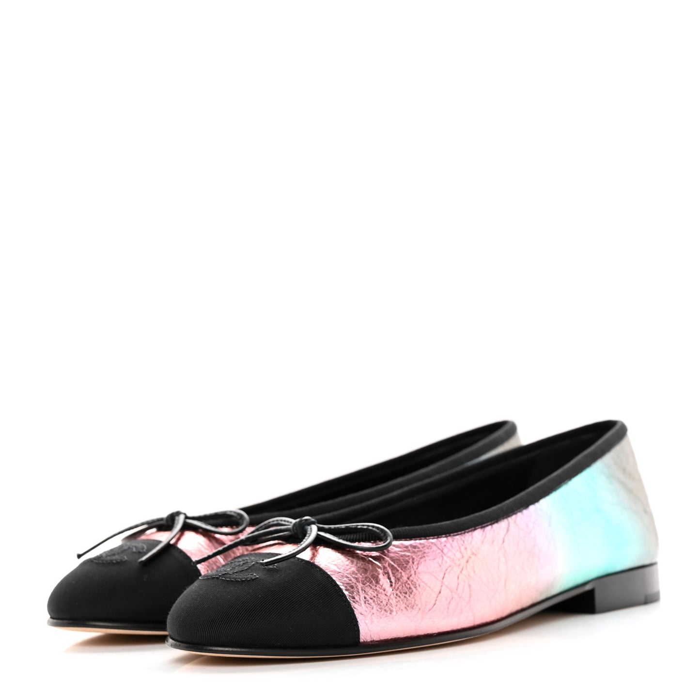 Laminated Calfskin Grosgrain Cap Toe CC Ballerina Flats 36.5 Multicolor Black