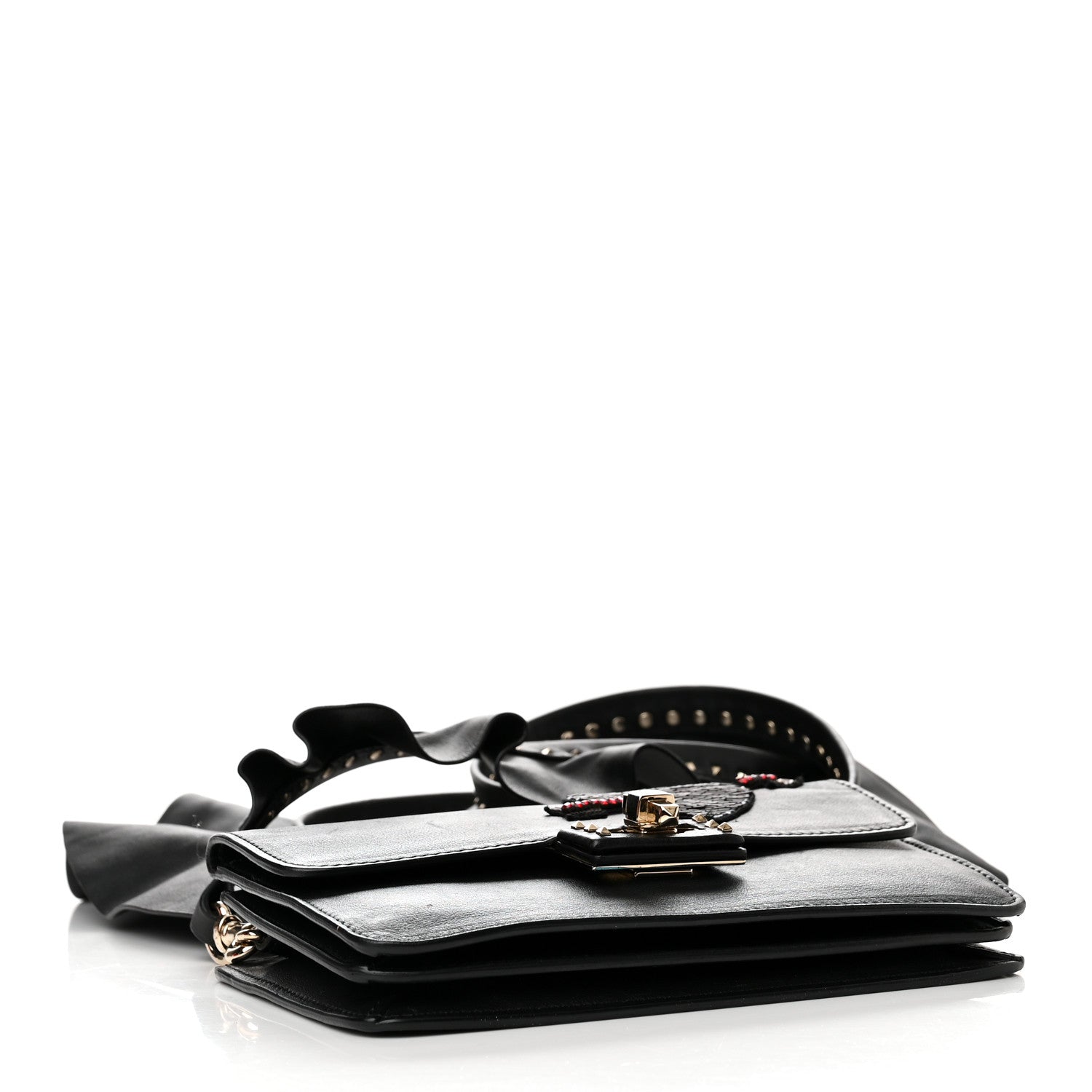 Valentino Garavani Calfskin Crystal Bead Embellished Mini Rockstud Love Story Ruffle Strap Bag Black 4 of 21