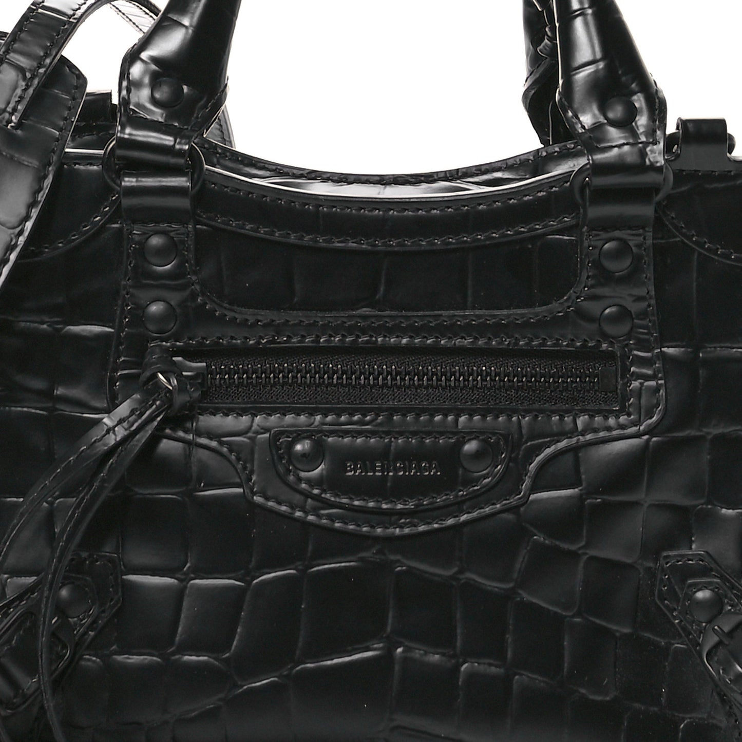 Semi Shiny Calfskin Crocodile Embossed Neo Classic Black Hardware Mini City Black