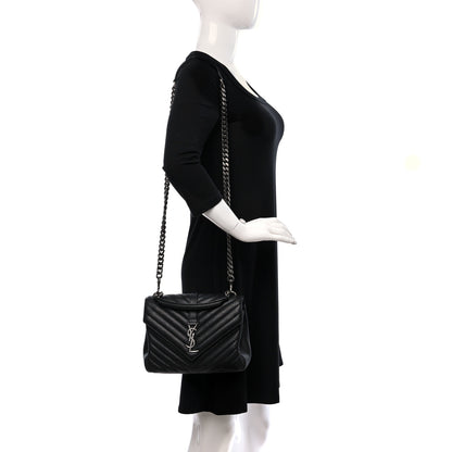 Saint Laurent Sheepskin Matelasse Chevron Monogram Medium College Bag Black 2 of 11