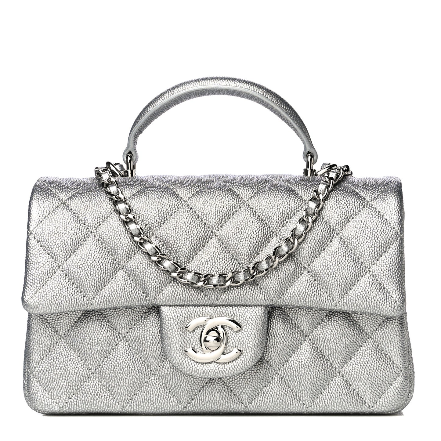 Metallic Caviar Quilted Mini Top Handle Rectangular Flap Silver
