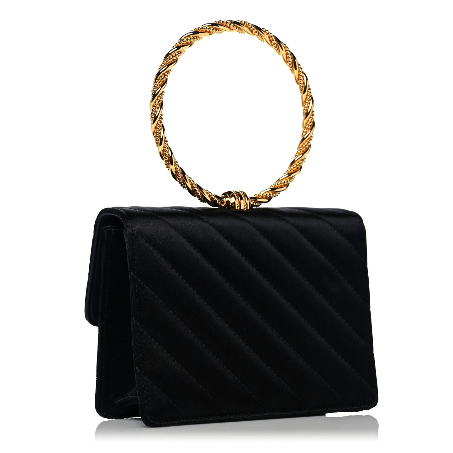 Satin Quilted Rajah Broadway Ring Top Handle Bag Black
