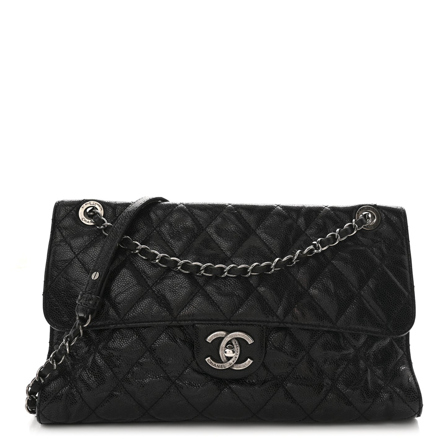 Crumpled Grained Calfskin Jumbo CC Crave Flap Black