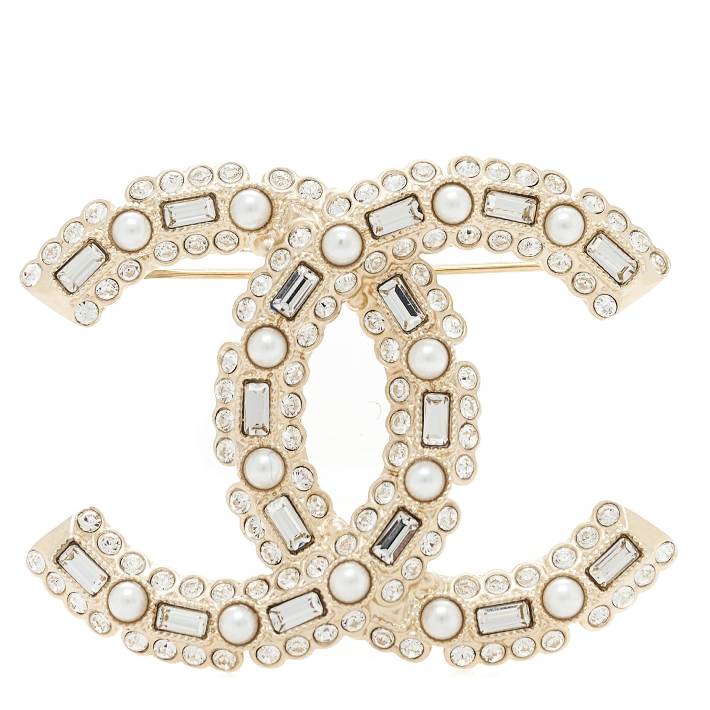 Crystal Baguette Pearl CC Brooch Gold Pearly White