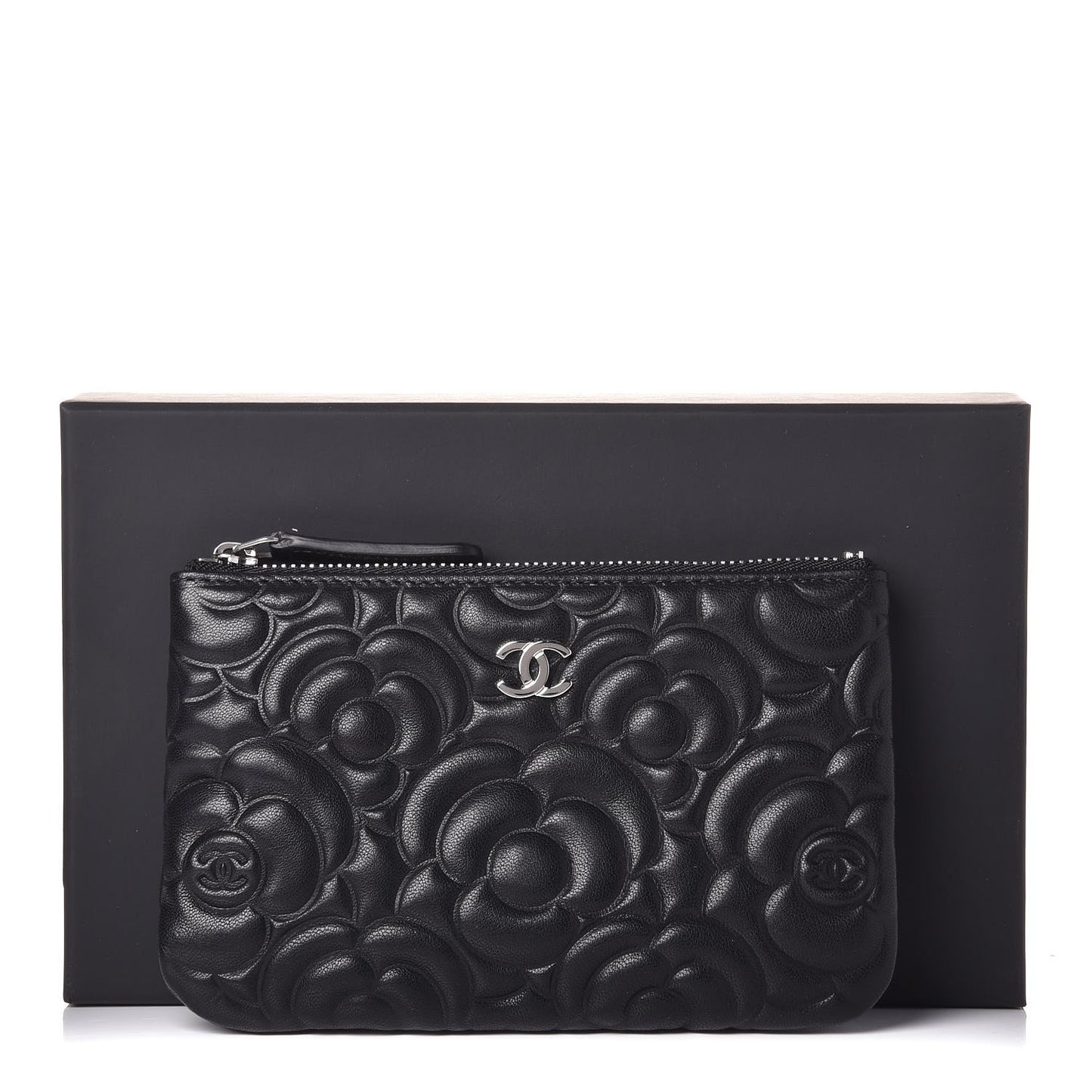 Goatskin Camellia Embossed Cosmetic Pouch Black