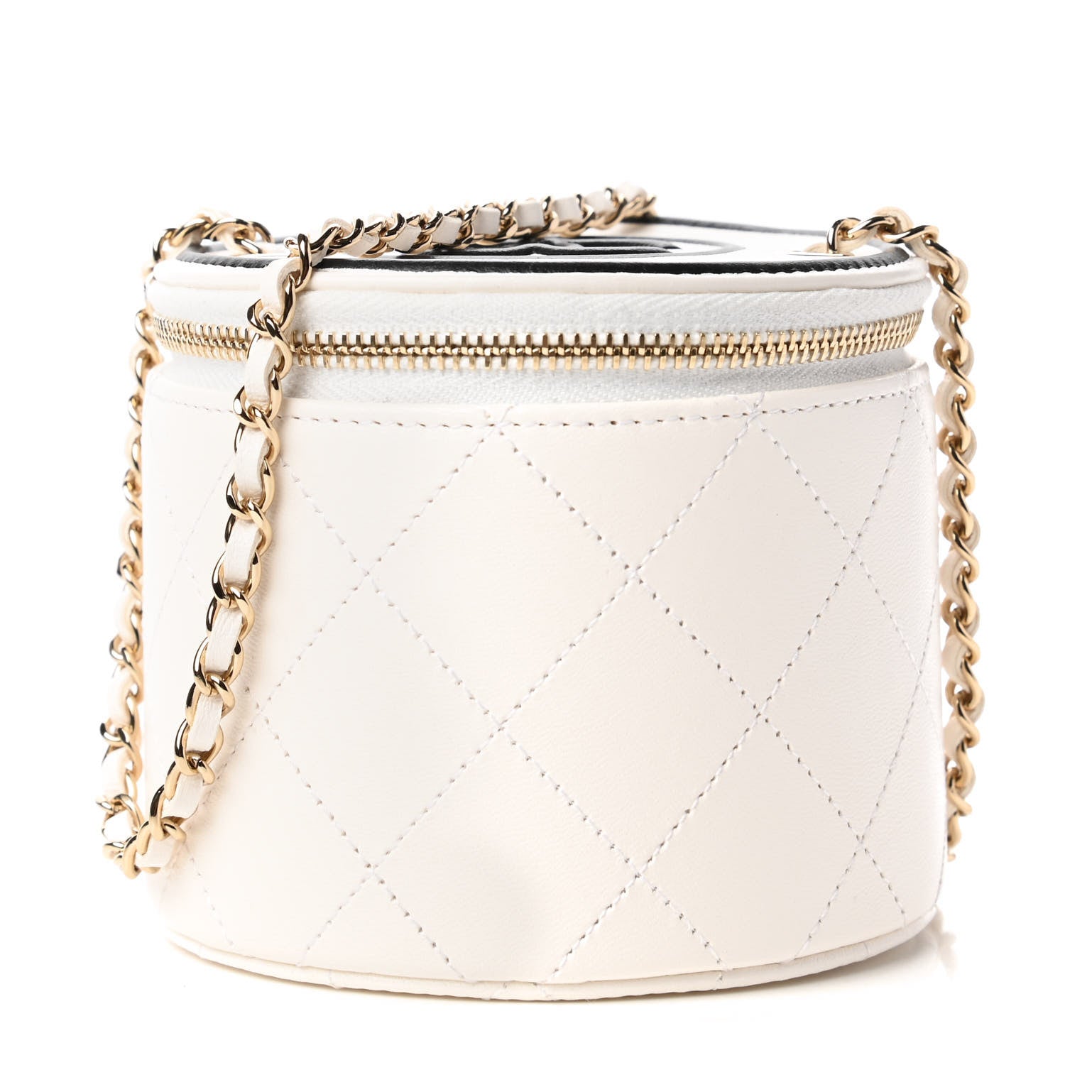Chanel Lambskin Quilted Round Small Vanity Case With Chain White Black 1 of 12
