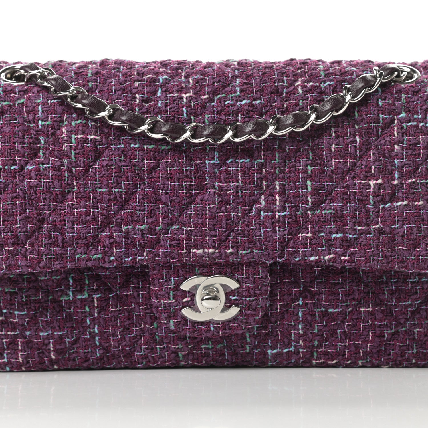Chanel Tweed Quilted Medium Double Flap Purple Green Turquoise 8 of 13
