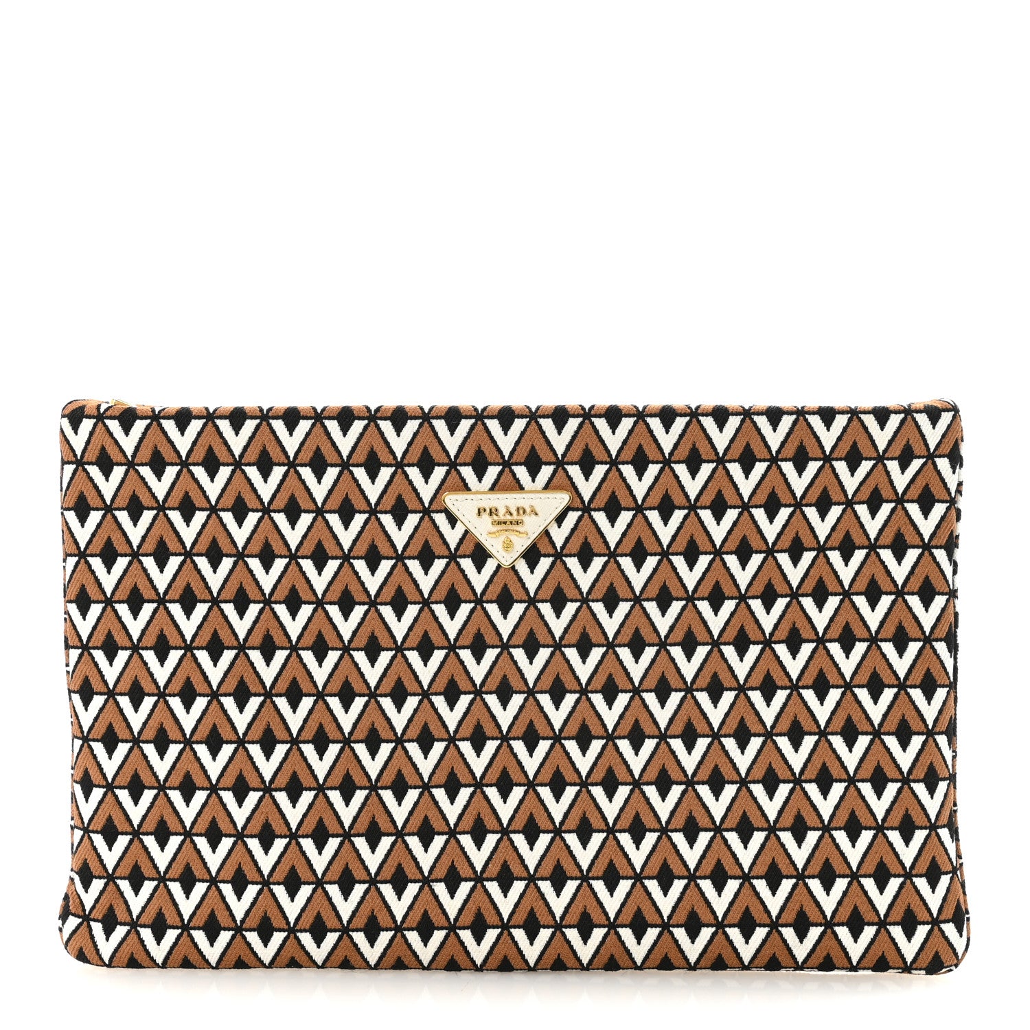 Prada Tessuto Jacquard Printed Large Clutch Brown Black White 1 of 6