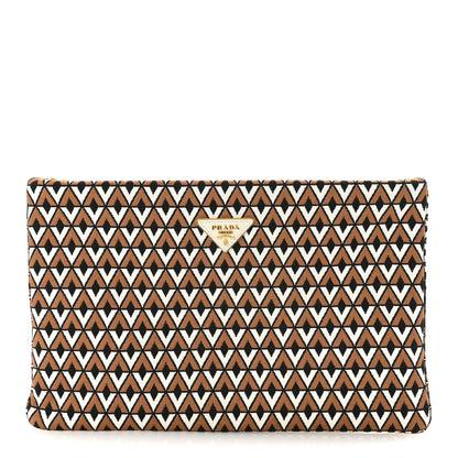 Prada Tessuto Jacquard Printed Large Clutch Brown Black White 1 of 6