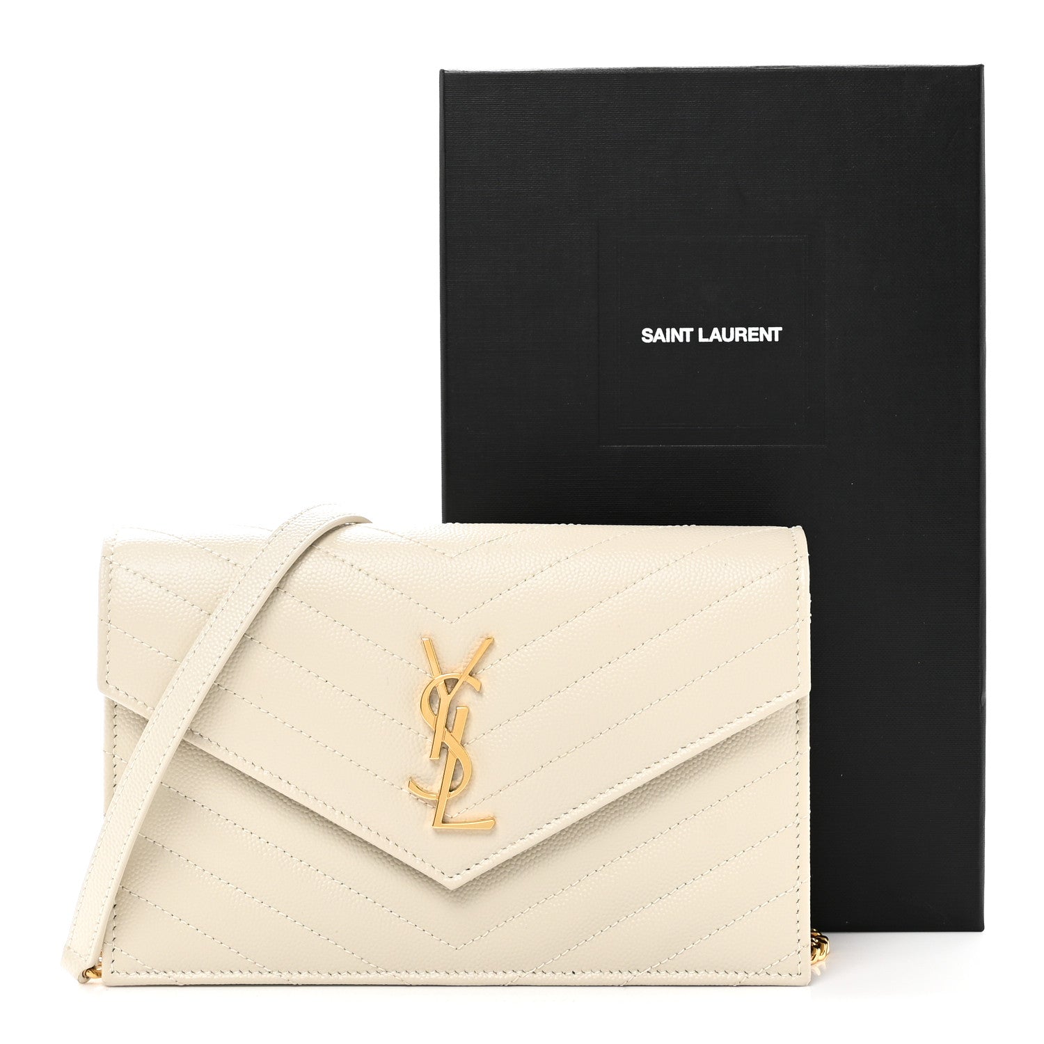 Saint Laurent Grain De Poudre Matelasse Chevron Monogram Envelope Chain Wallet Crema Soft 10 of 10