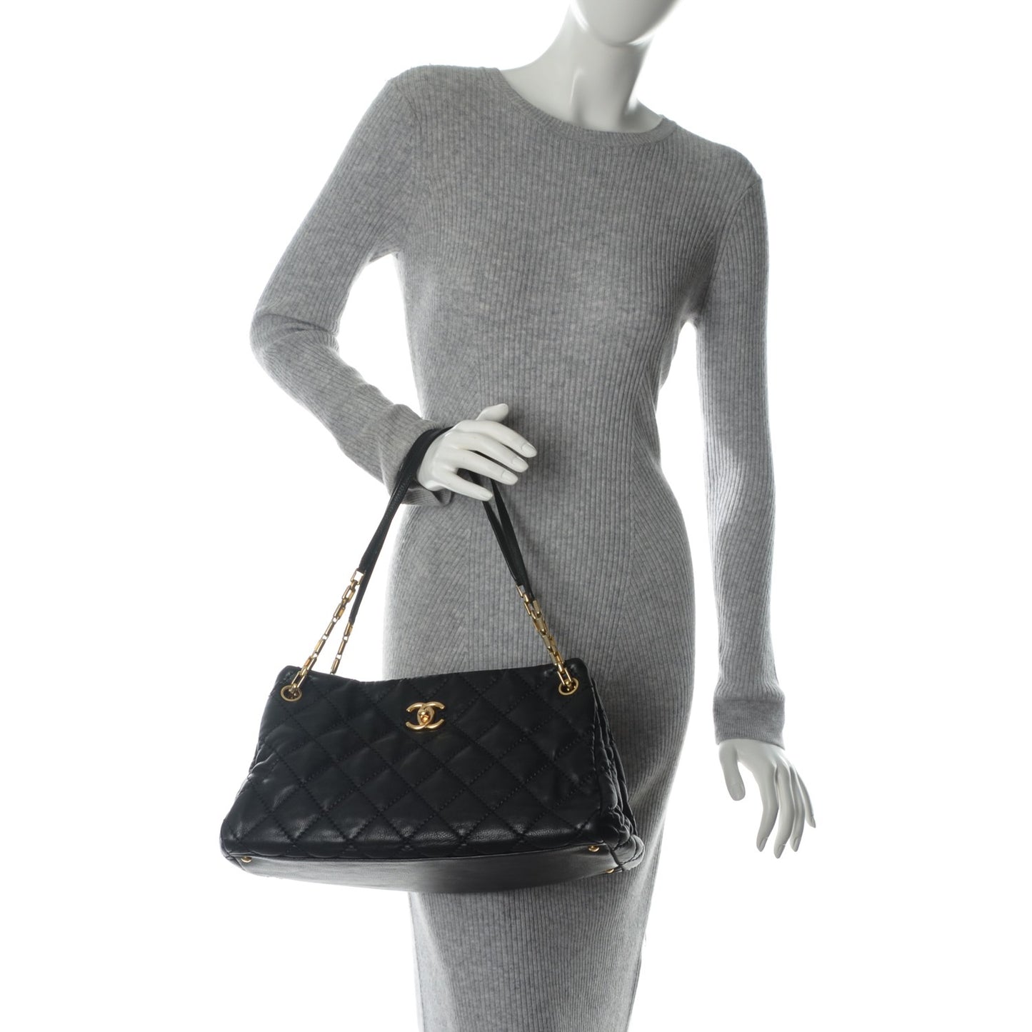Calfskin Quilted Large Retro Chain Tote Black