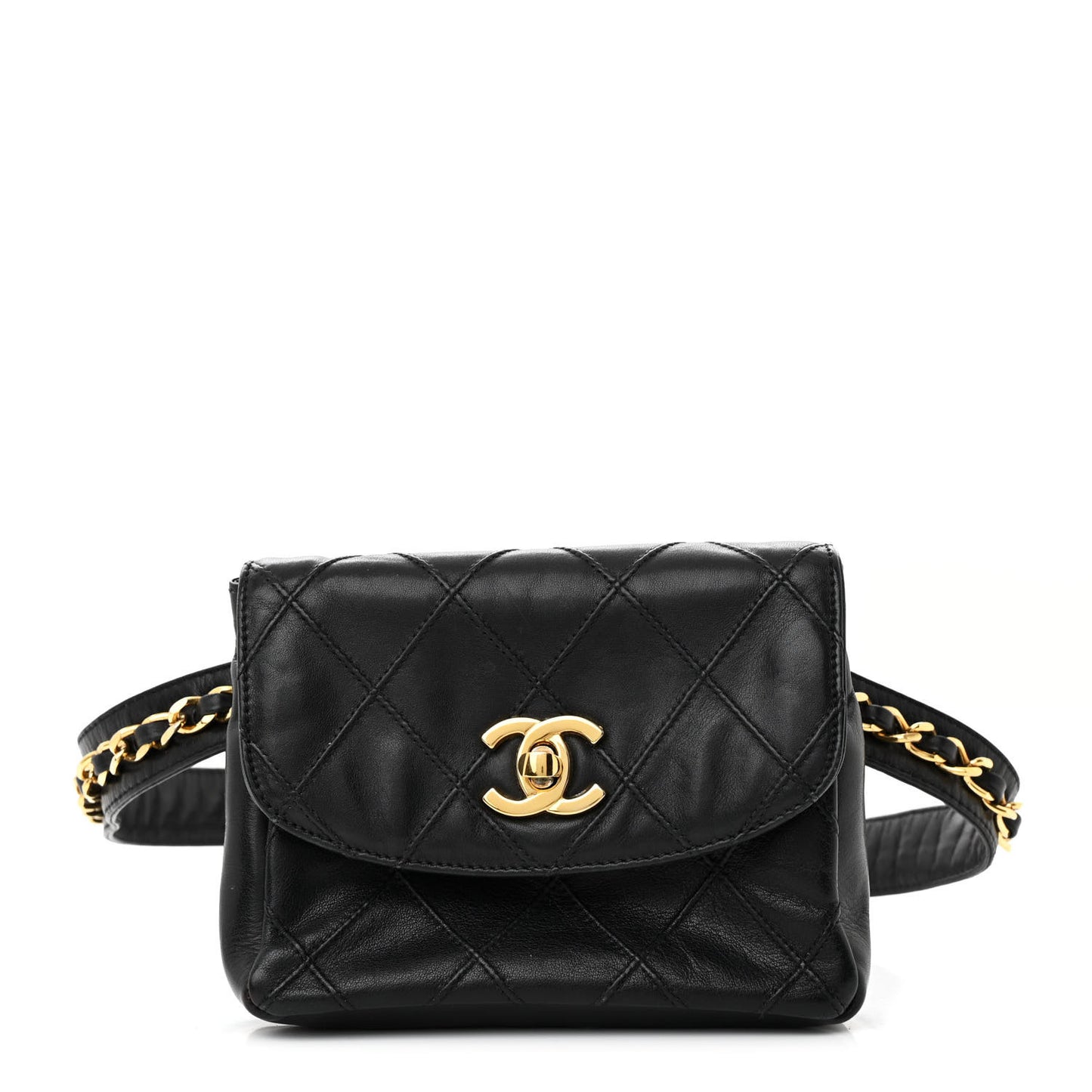 Calfskin Quilted Flap Waist Belt Bag Black