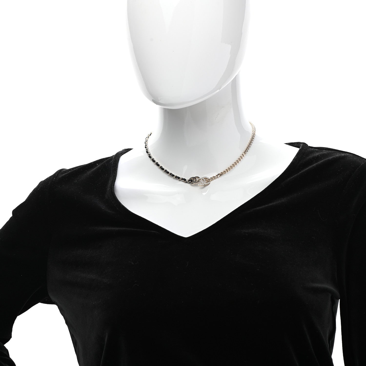 Chanel Metal Calfskin Crystal Double CC Short Necklace Black Gold 2 of 7