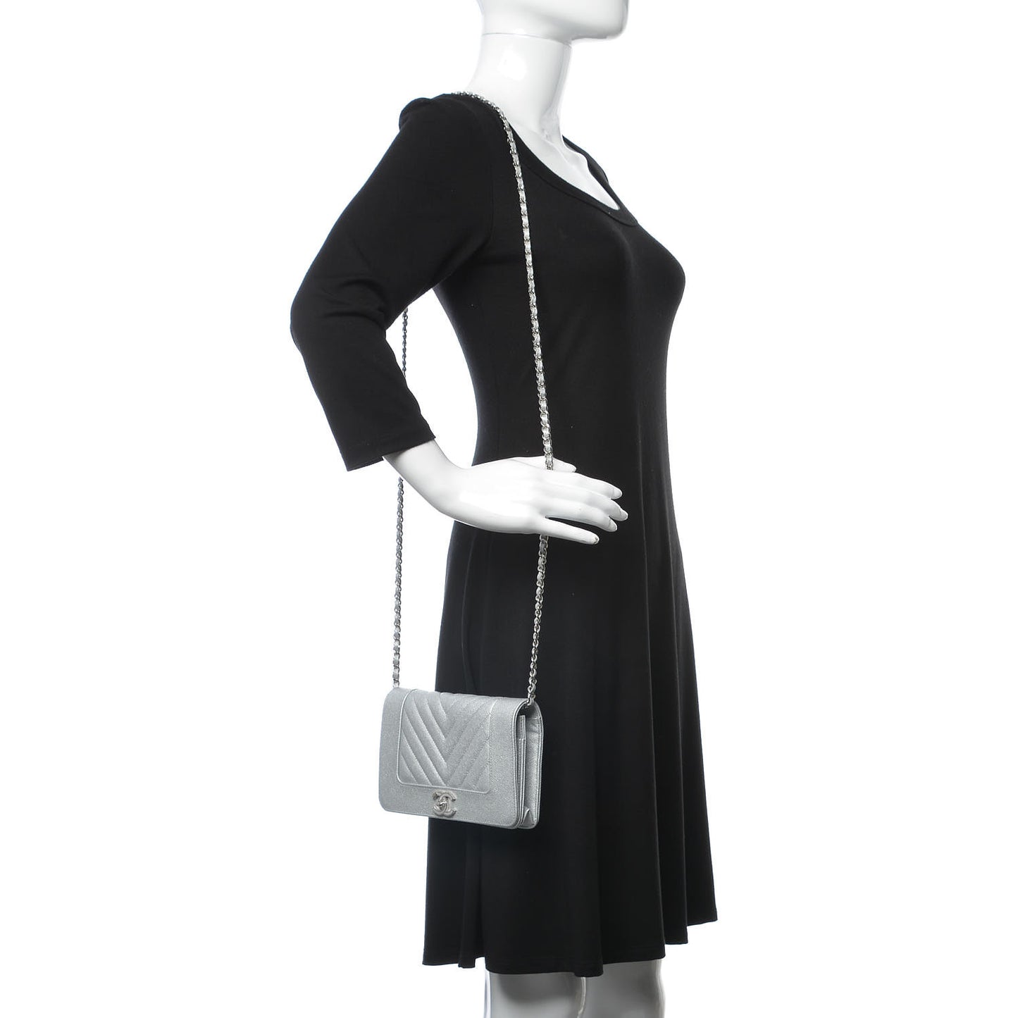 Metallic Caviar Chevron Quilted Vintage Mademoiselle Wallet On Chain WOC Silver
