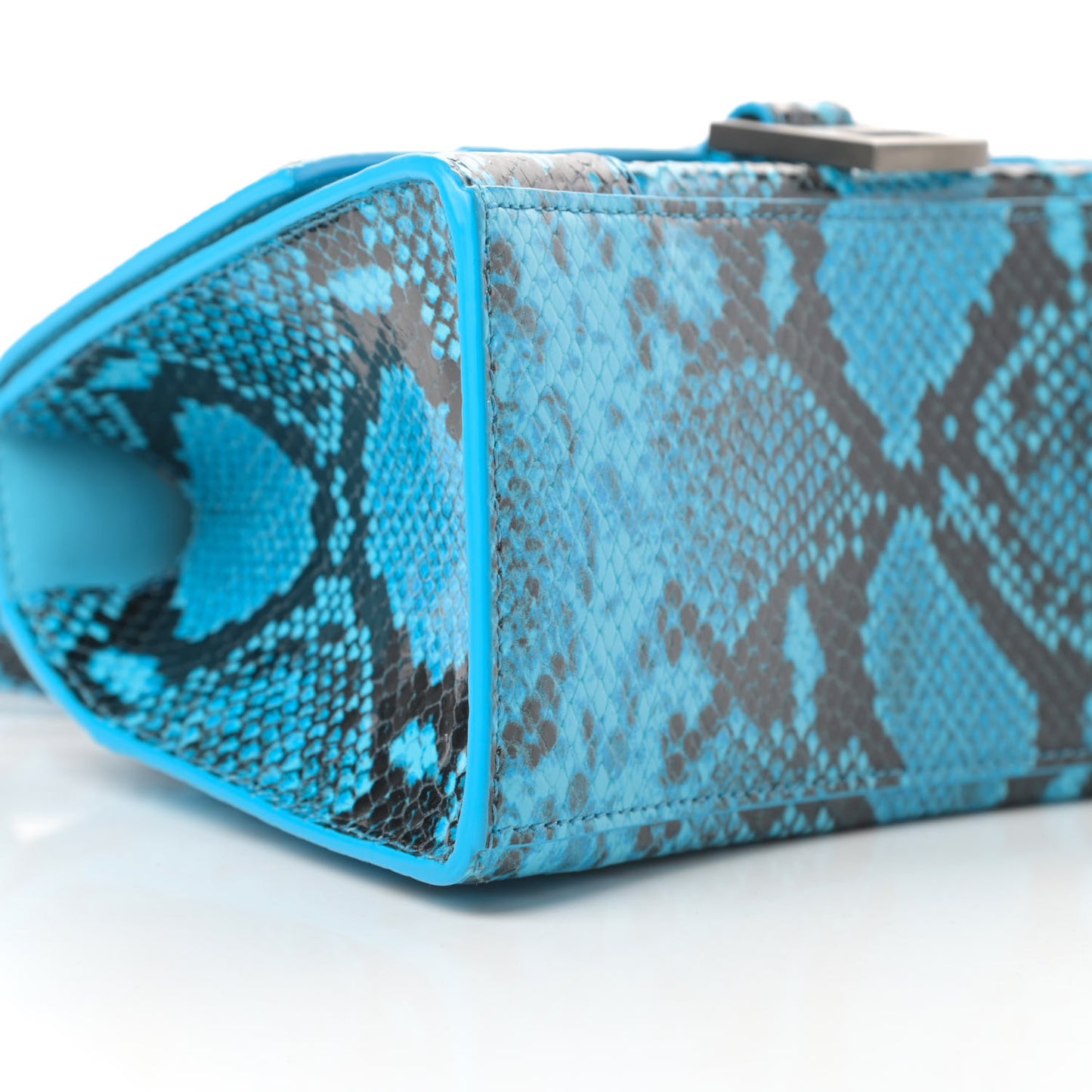 Shiny Calfskin Python Effect Small Hourglass Top Handle Bag Azur Black