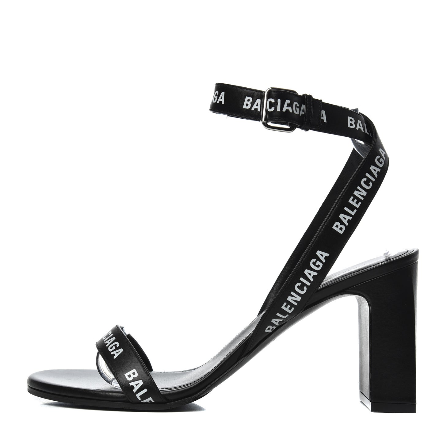 Calfskin Allover Logo Ankle Strap Round Heel 80mm Sandals 40 Black White
