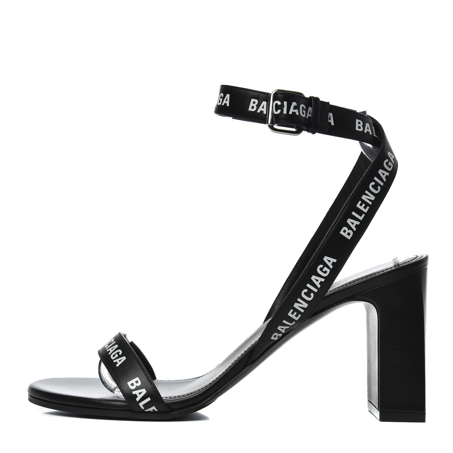 Balenciaga Calfskin Allover Logo Ankle Strap Round Heel 80mm Sandals 40 Black White 1 of 10