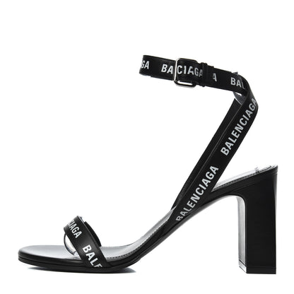 Balenciaga Calfskin Allover Logo Ankle Strap Round Heel 80mm Sandals 40 Black White 1 of 10