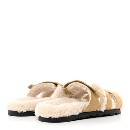 Hermes Suede Goatskin Woolskin Womens Chypre Sandals 38 Golden Beige 4 of 16
