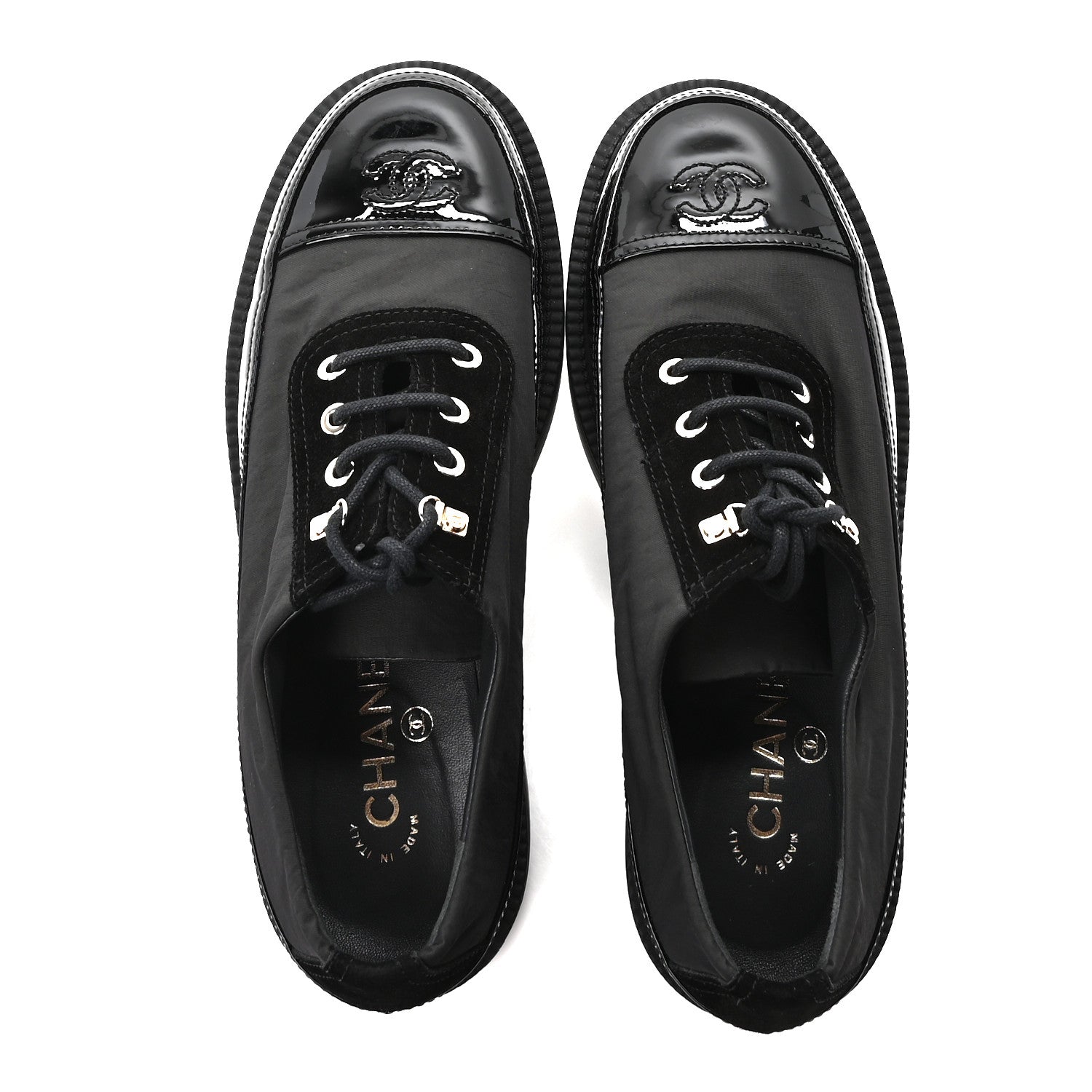 Chanel Nylon Suede Patent Calfskin CC Captoe Lace Up Oxfords 39.5 Black 2 of 10