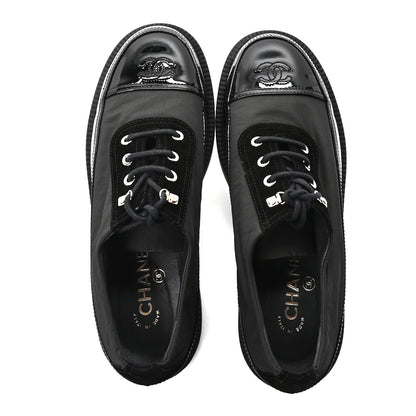 Chanel Nylon Suede Patent Calfskin CC Captoe Lace Up Oxfords 39.5 Black 2 of 10