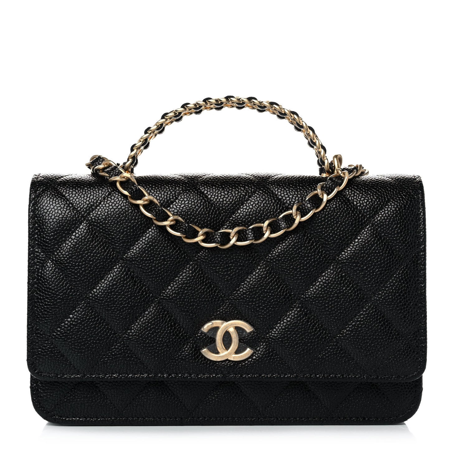 Shiny Caviar Quilted Pick Me Up Wallet On Chain WOC Black