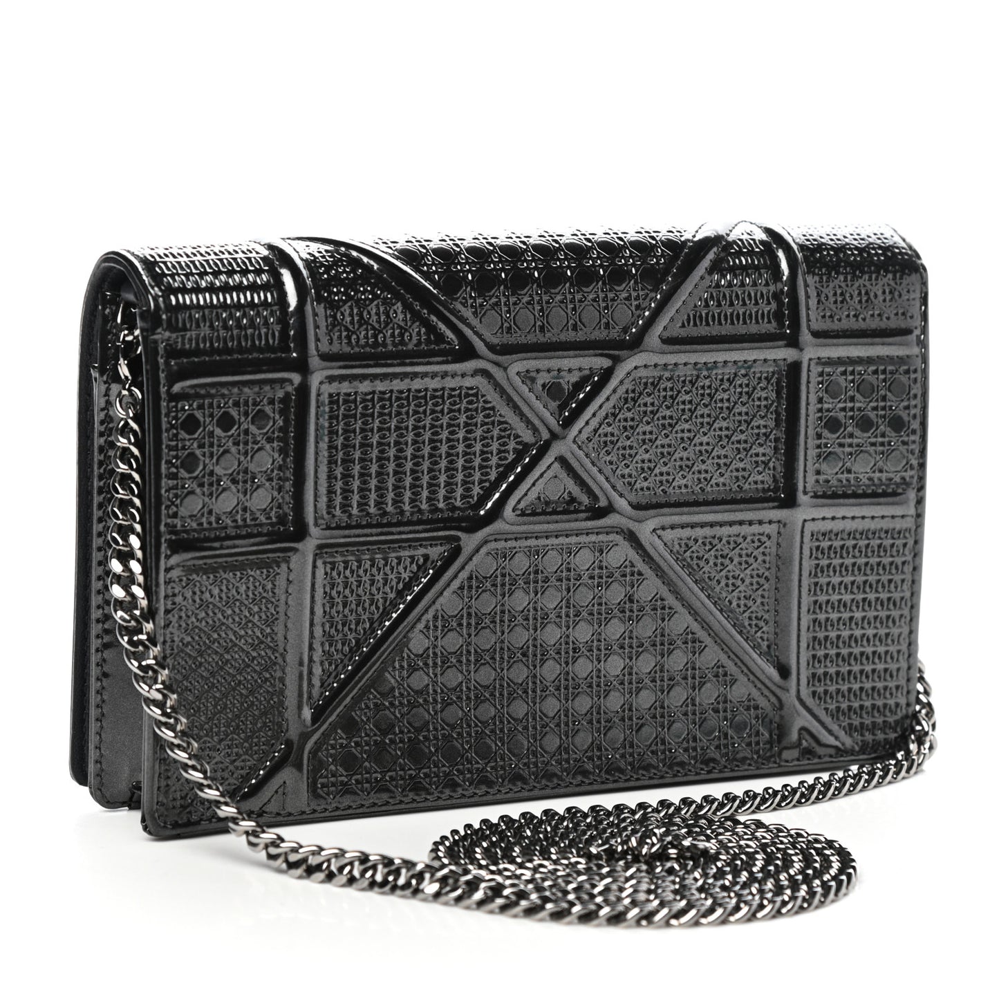 Metallic Patent Micro-Cannage Diorama Wallet on Chain Pouch Onyx Black