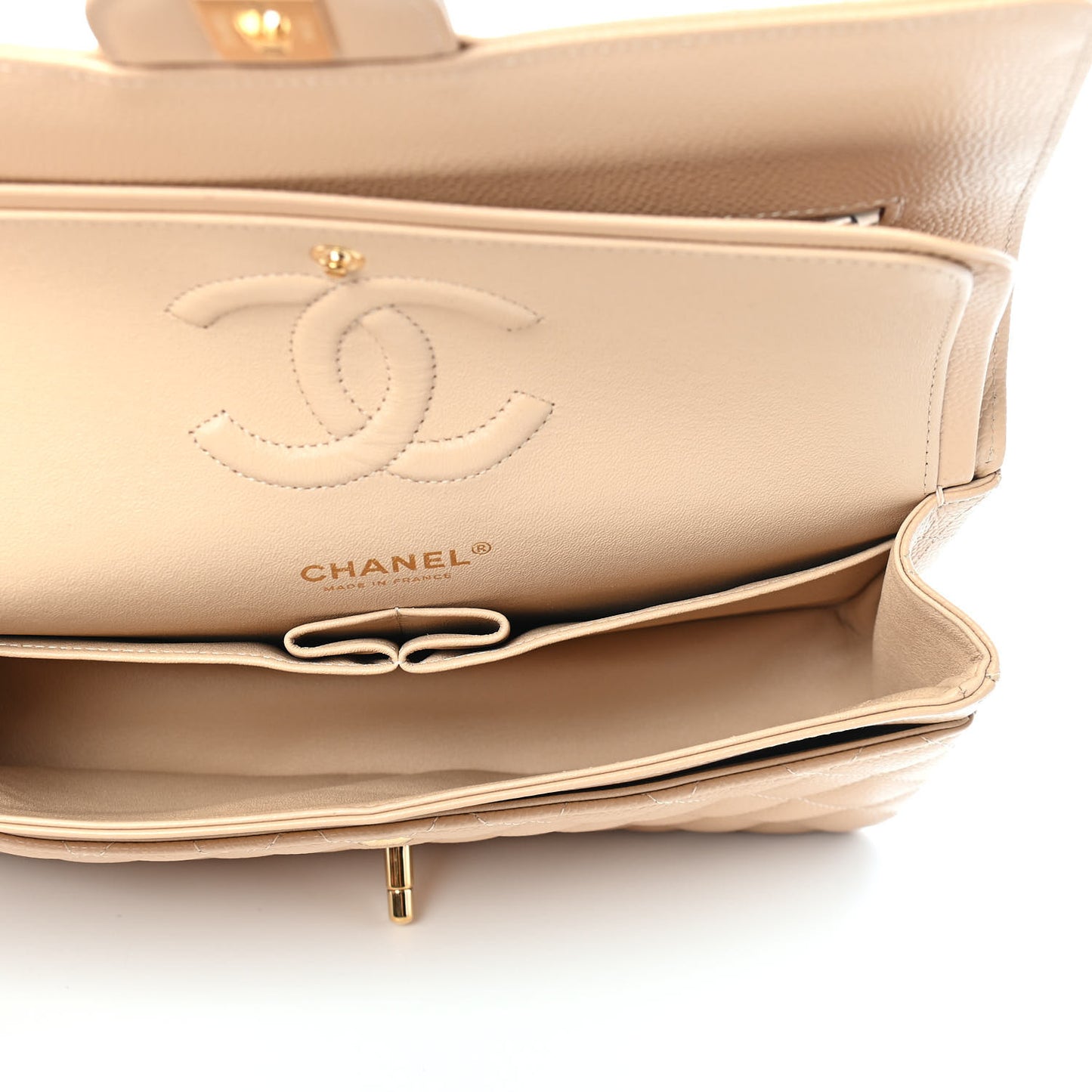 Caviar Quilted Medium Double Flap Beige Clair