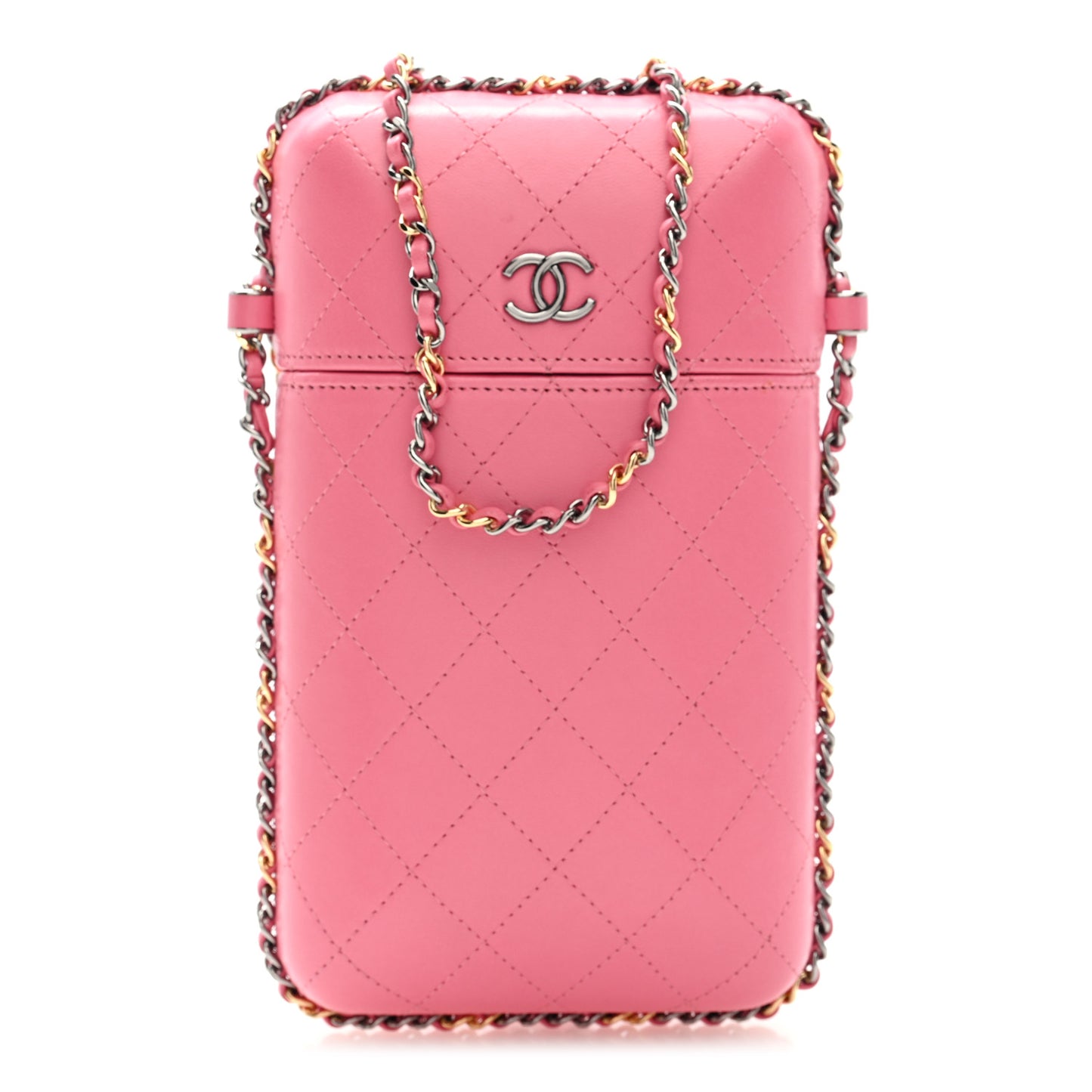Lambskin Quilted Chain Around Phone Holder Pink