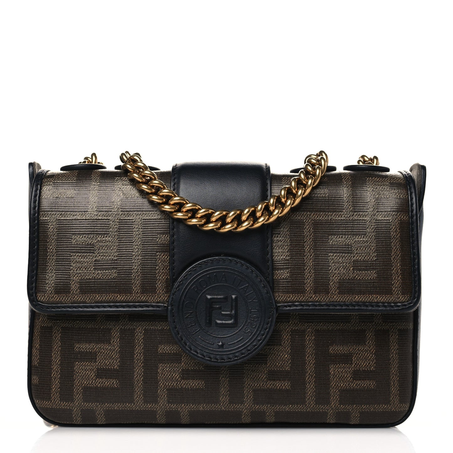 Glazed Fabric Vitello Century FF 1974 Stamp Patch Mini Double F Crossbody Bag Mogano Panna Black