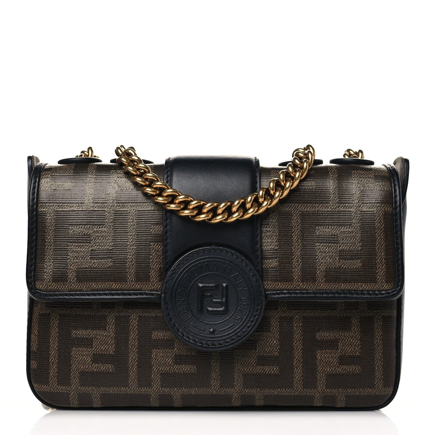 Fendi Glazed Fabric Vitello Century FF 1974 Stamp Patch Mini Double F Crossbody Bag Mogano Panna Black 1 of 9