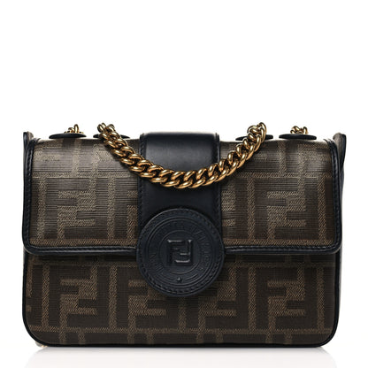 Fendi Glazed Fabric Vitello Century FF 1974 Stamp Patch Mini Double F Crossbody Bag Mogano Panna Black 1 of 9