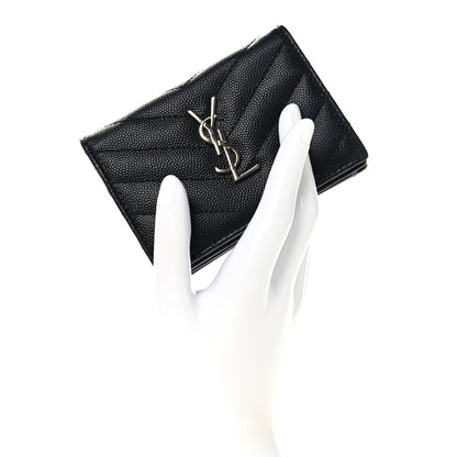 Saint Laurent Grain De Poudre Matelasse Chevron Monogram Card Case Black 2 of 7