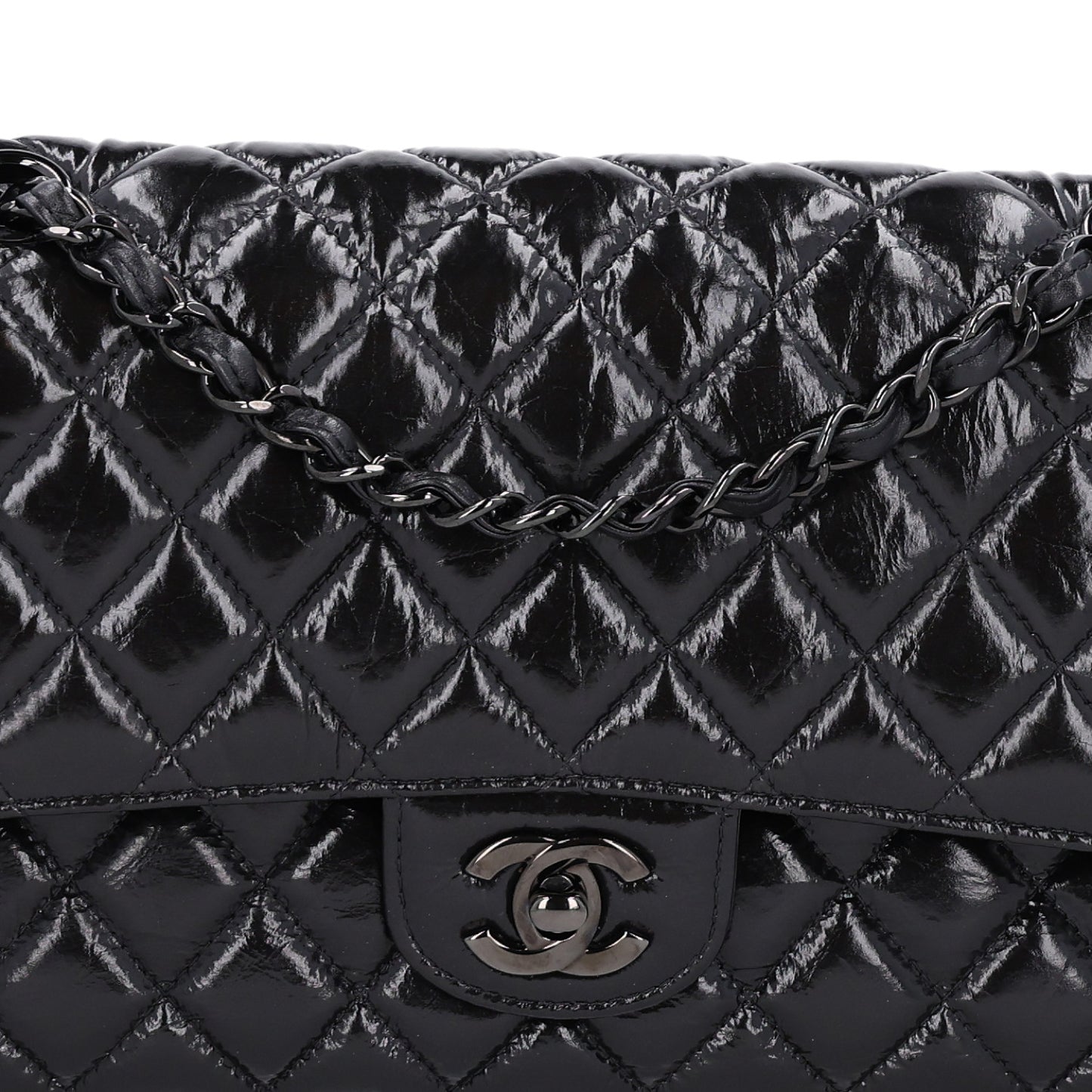 Shiny Crumpled Calfskin Quilted Medium Double Flap So Black
