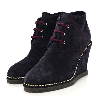 Chanel Suede Lace Up Wedge Booties 36 Dark Blue 3 of 8