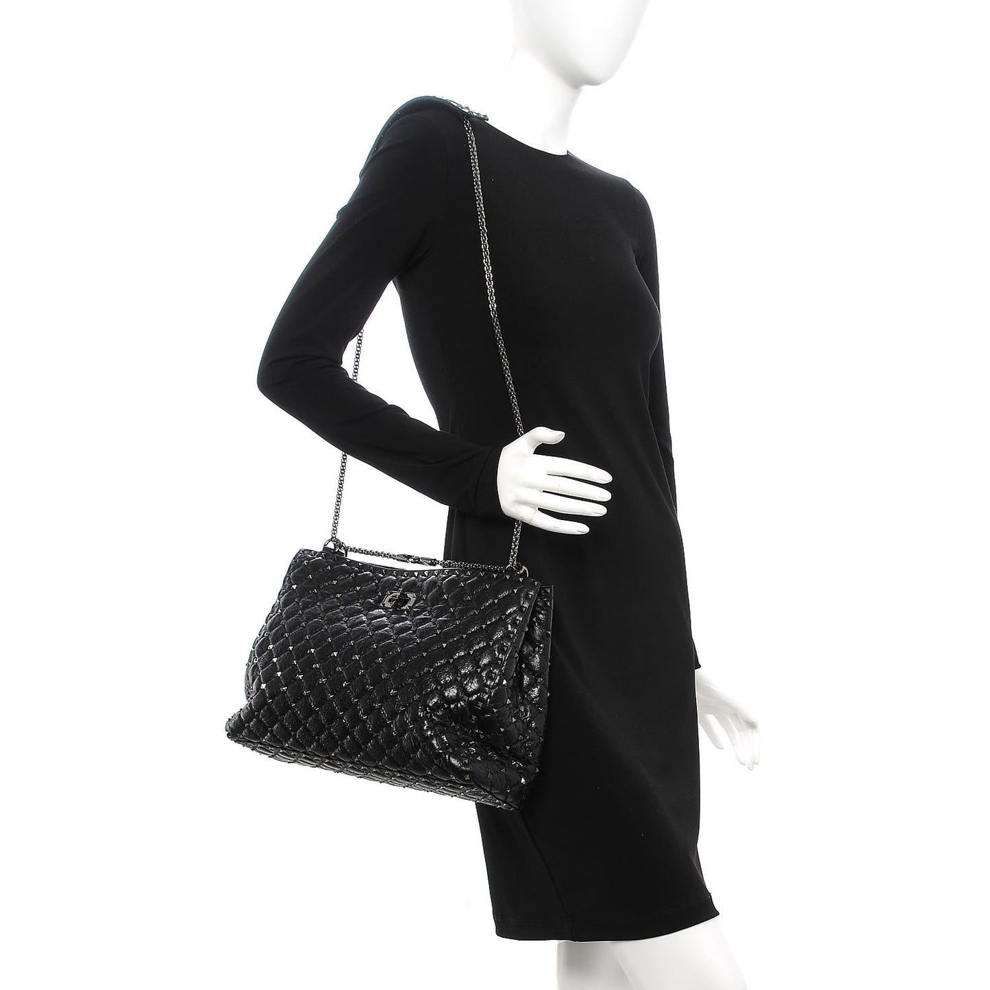 Craquele Nappa Rockstud Spike Shoulder Tote Black