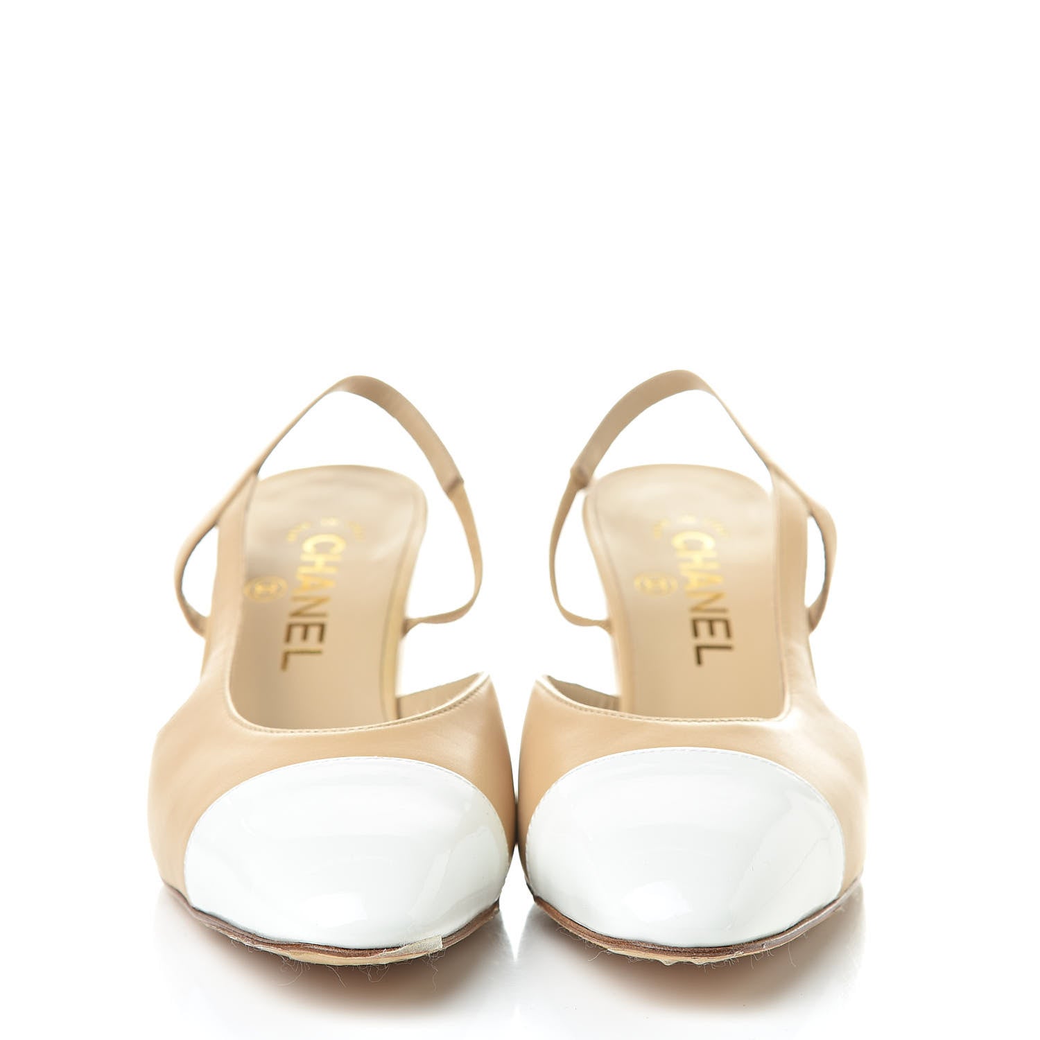Chanel Lambskin Patent Cap Toe CC Slingback Sandals 37 Beige White 2 of 10